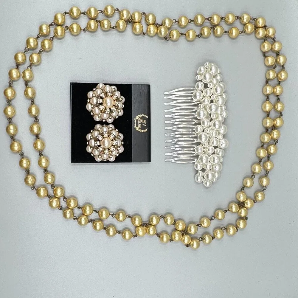 VintageFaux Pearl Lot, Pearl Studded Hair Comb, Necklace, M Vellano Earrings NWT - Picture 12 of 12